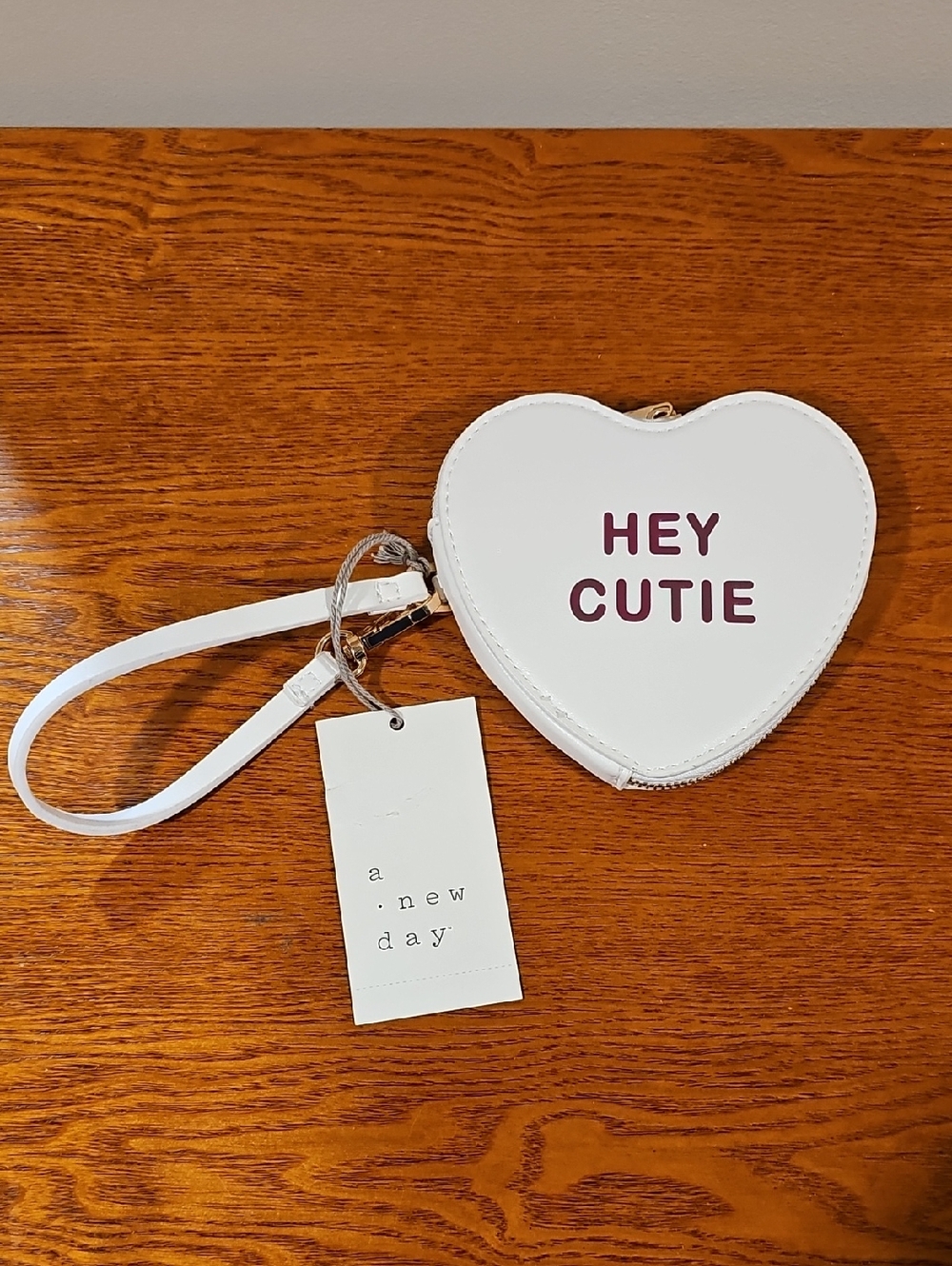 Target Off-White Heart Wristlet Coin Purse with Maroon Text